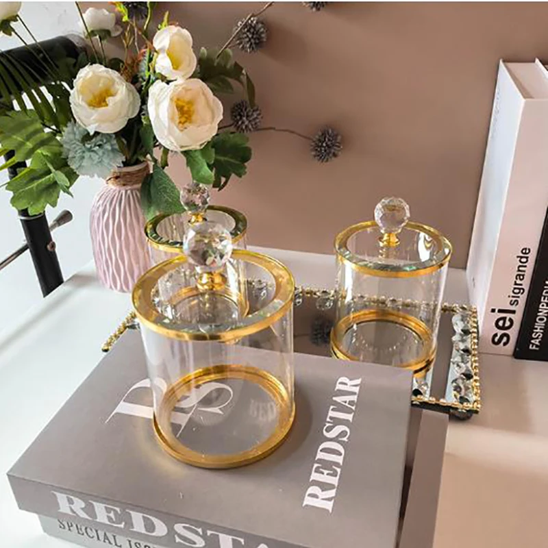 Fine Glass Jewelry Cotton Swab Box Mirror Tray Golden Candy Jar with Lid Room Fruit Dessert Dried Fruit Storage Jar Home Decor