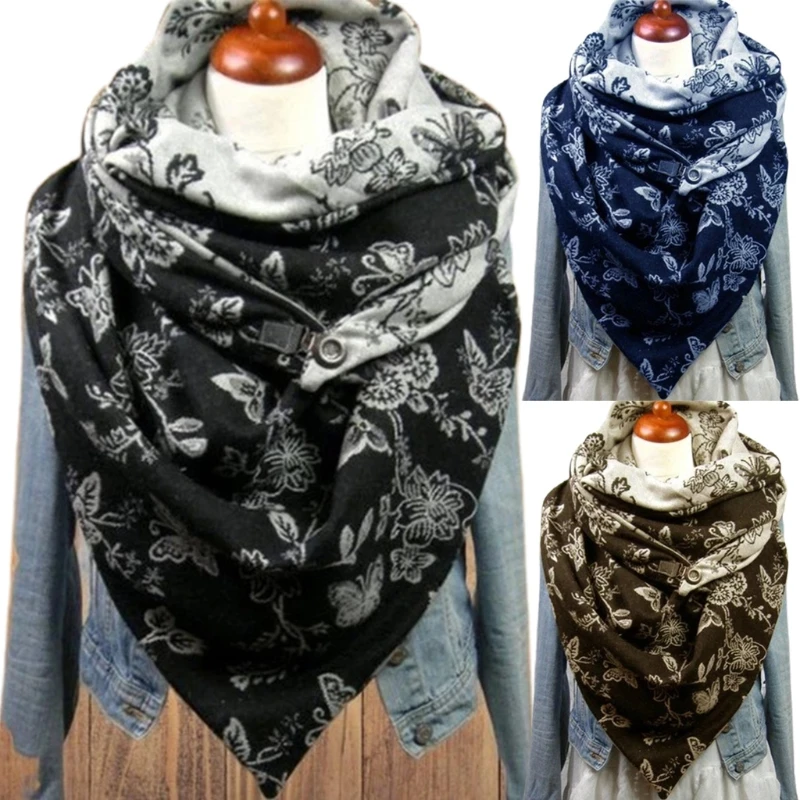 Women Men Thicken Warm for TRIANGLE Scarf with Buckle Clip for butterfly Floral Print Neck Warmer Snood Winter Cold Weather Wrap