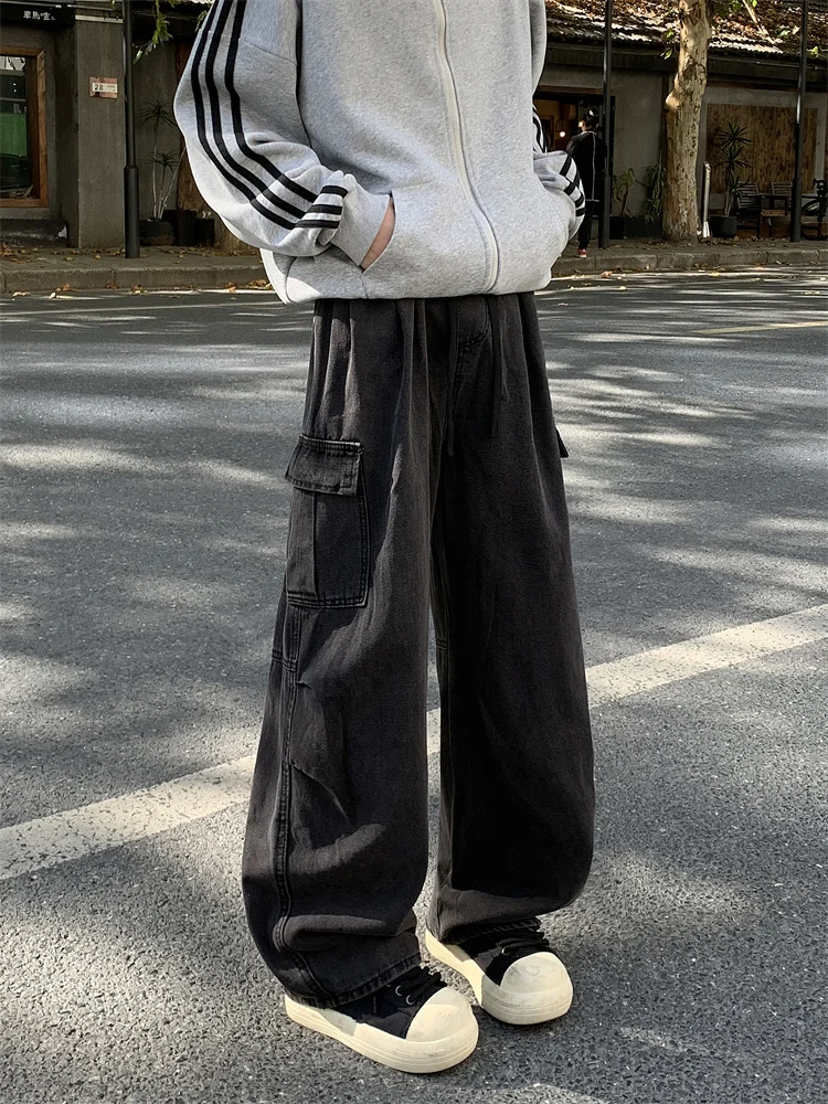 

Retro Streetwear Men's Jeans Workwear Loose Fit Waed Micro Flared Wrinkle Detailed Casual Straight Leg Trousers