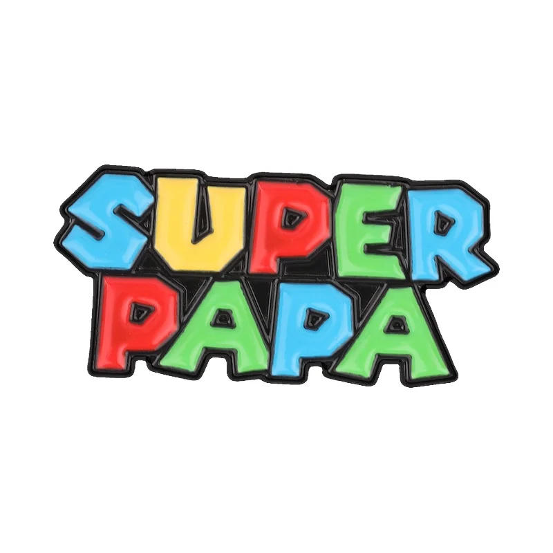 Pin de esmalte de dibujos animados Super Papa, broche retro de videojuego con letras de bloques coloridas, insignia para solapa de bolsa, regalo de joyería para el Día del Padre para papá