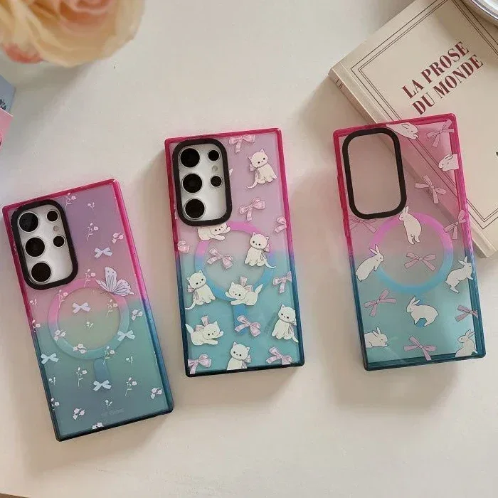 

Butterfly Rabbit Cat Magnetic Colorful Border Case for Samsung Galaxy S25 + Plus S24 S23 Ultra S25U Protective Shell