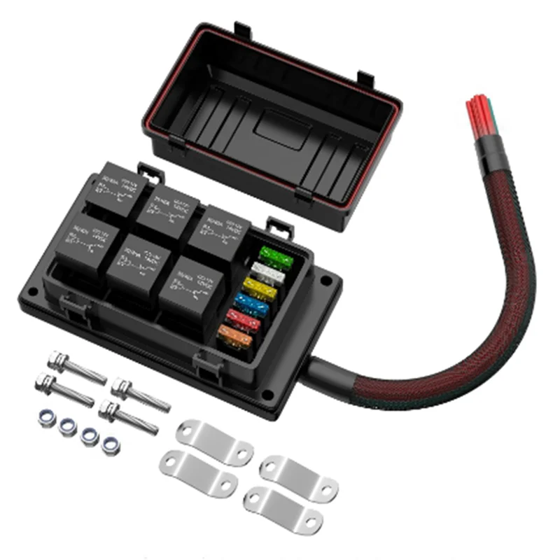 Relay Box 12V with 6 PCS 4 Pin Relays and 6 PCS ATC/ATO Blade Fuse Pre-Wired Relay Box with Relay Kit for Auto