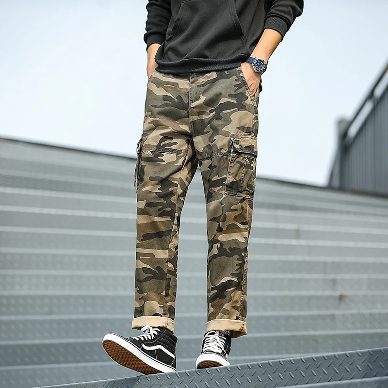 

2023 Spring New Men's Casual Cargo Pants Multi Pockets Fashion Street Wear Cotton Full Length Pants