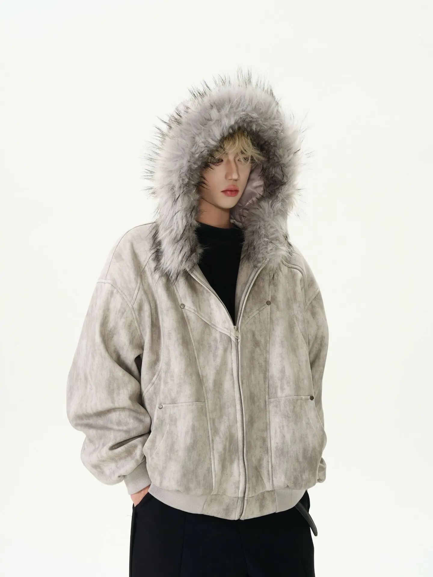 Casual High Street Harajuku Punk Y2K Fashion Vintage Fur Collar Zip Sweatshirt 2025 Hip Hop Rock Wide Hoodie Men's Couple Jacket