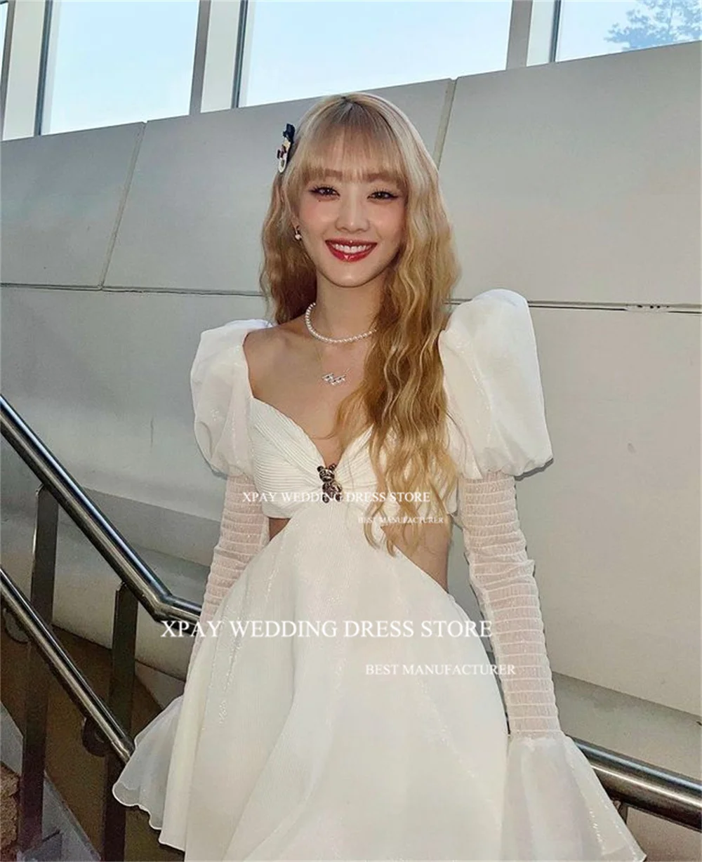 XPAY Modern Cut Out Korea Short Evening Dress Long Flare Wedding Photo Shoot Prom Gowns Tulle Corset Mini Formal Party Dress