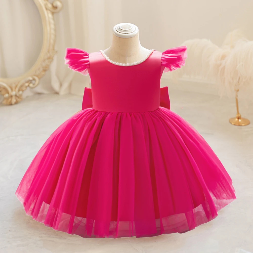 Toddler Bow Baby Girls Party Dress Backless Tulle 1st Birthday Wedding Prom Girl Gown Elegant Beading Baptism Princess Dresses