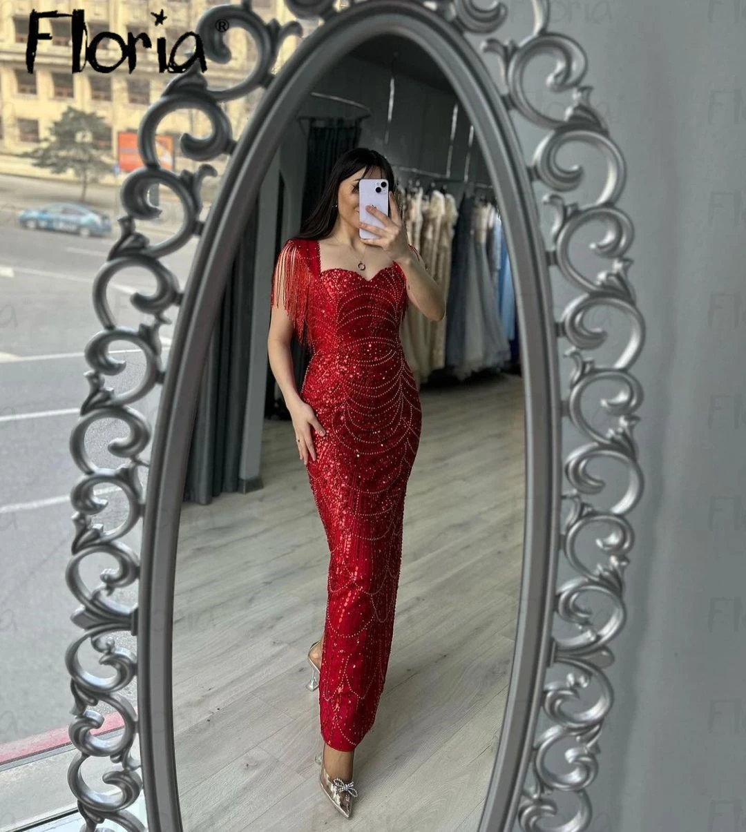 Floria Red Midi Long Celebrity Dress Cap Sleeve Tassel Ankle Length Beading Party Gowns Bride Wedding Events Dresses Sweetheart