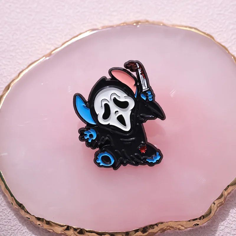 Goth Ghost Enamel Brooch Pink Phone Ghost Popcorn Dagger Candy Sickle Flower Skull Tombstone Horror Badge Punk Pins Jewelry Gift