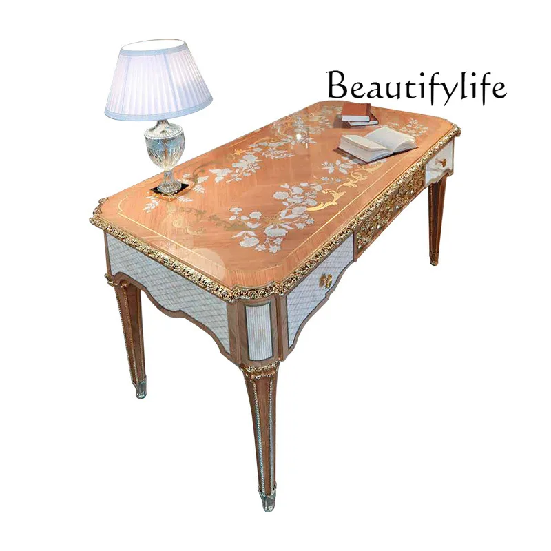 

European solid wood carving flower shell parquet computer desk luxury bookcase study office writing desk household