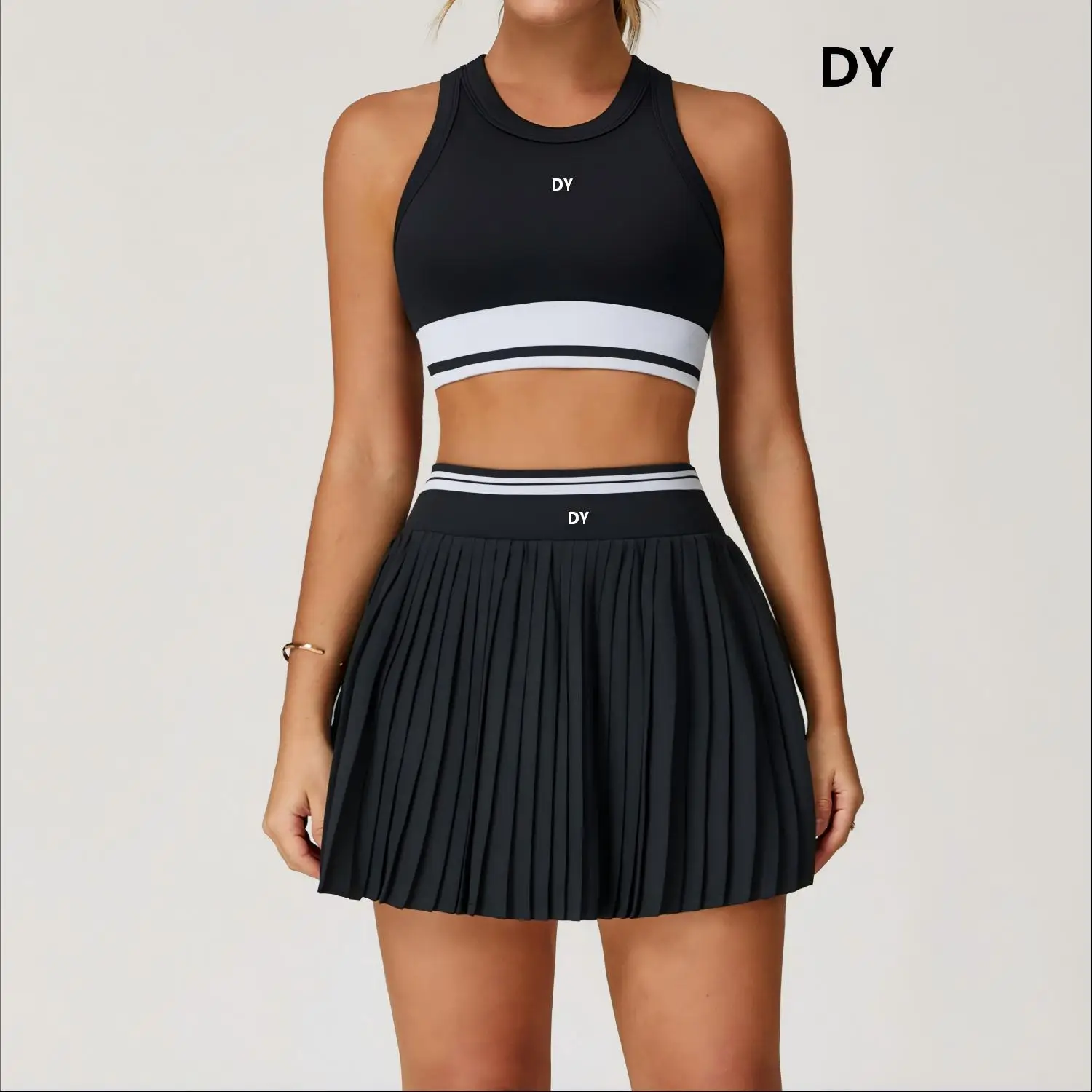 2026 New Classic Contrasting Color Pleated Tennis Dress Set - Quick-Drying Fitness Yoga Women's Sports Shorts Two-Piece Set