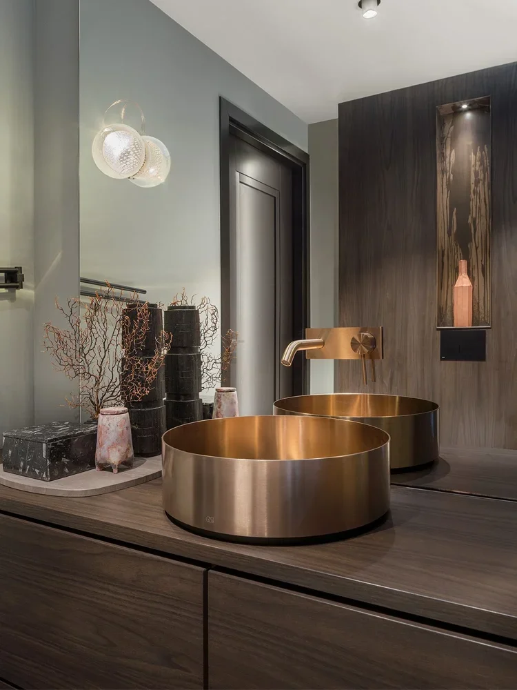 Bathroom Basin Round Brushed Gold Rose Gold Stainless Steel Hand Washbasin Light Luxury Minimalist Counter Basin