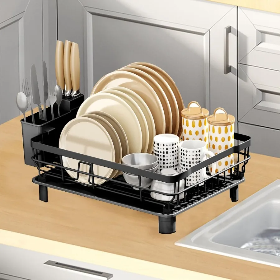 

Compact Dish Drying Rack Over The Sink Drainer with Integrated Drainboard and Utensil Holder for Efficient Kitchen Organization