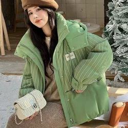 Women's Thick Warm Hooded Parka, Color Collision, Striped, Short Down Jackets, Female Coat, Winter, New, 2024