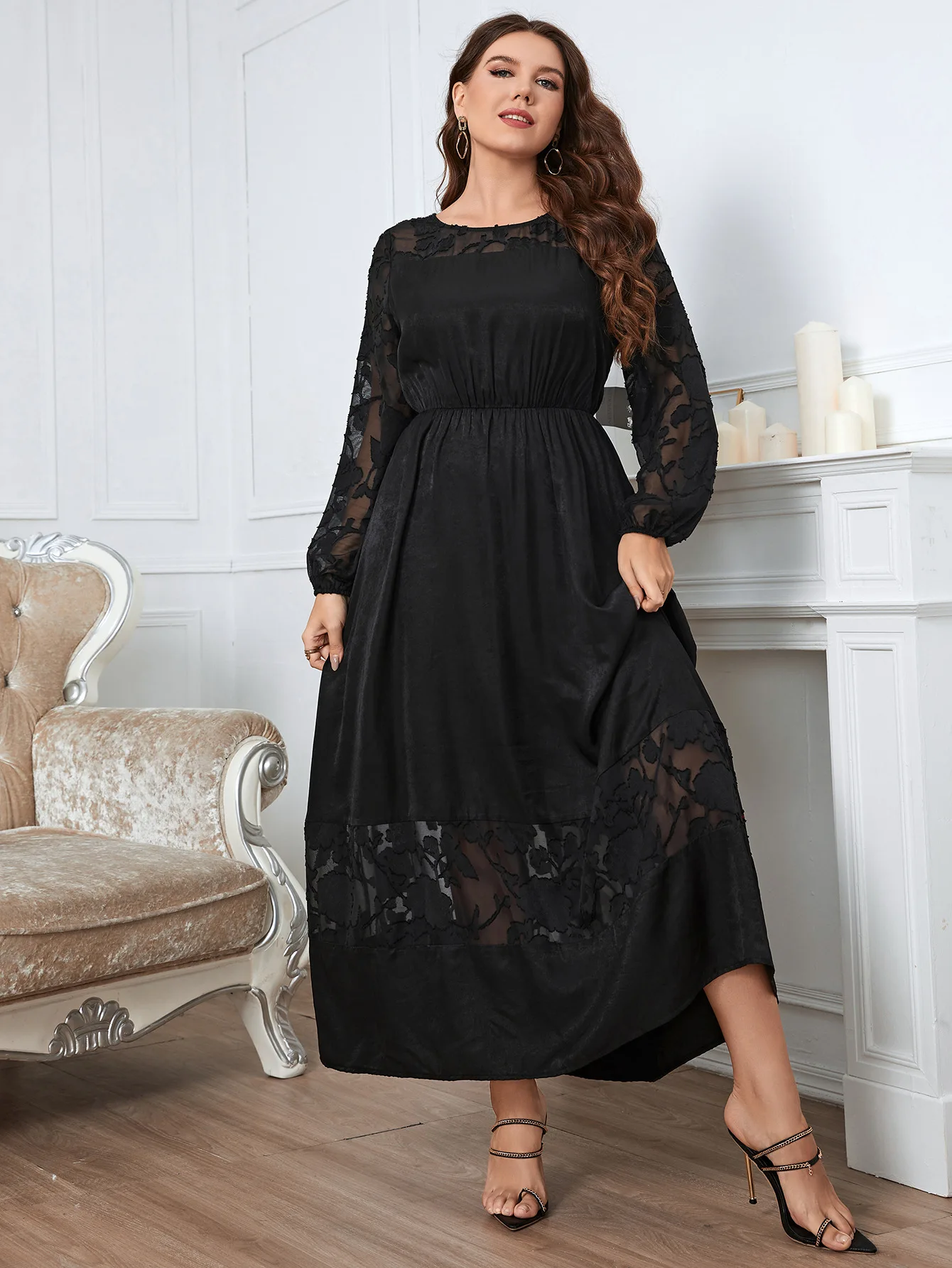 Plus Size Lace Dress For Women Sexy See Through Long Sleeves Robe Maxi Solid Color Dress Autumn Female Elegant Clothing Gown