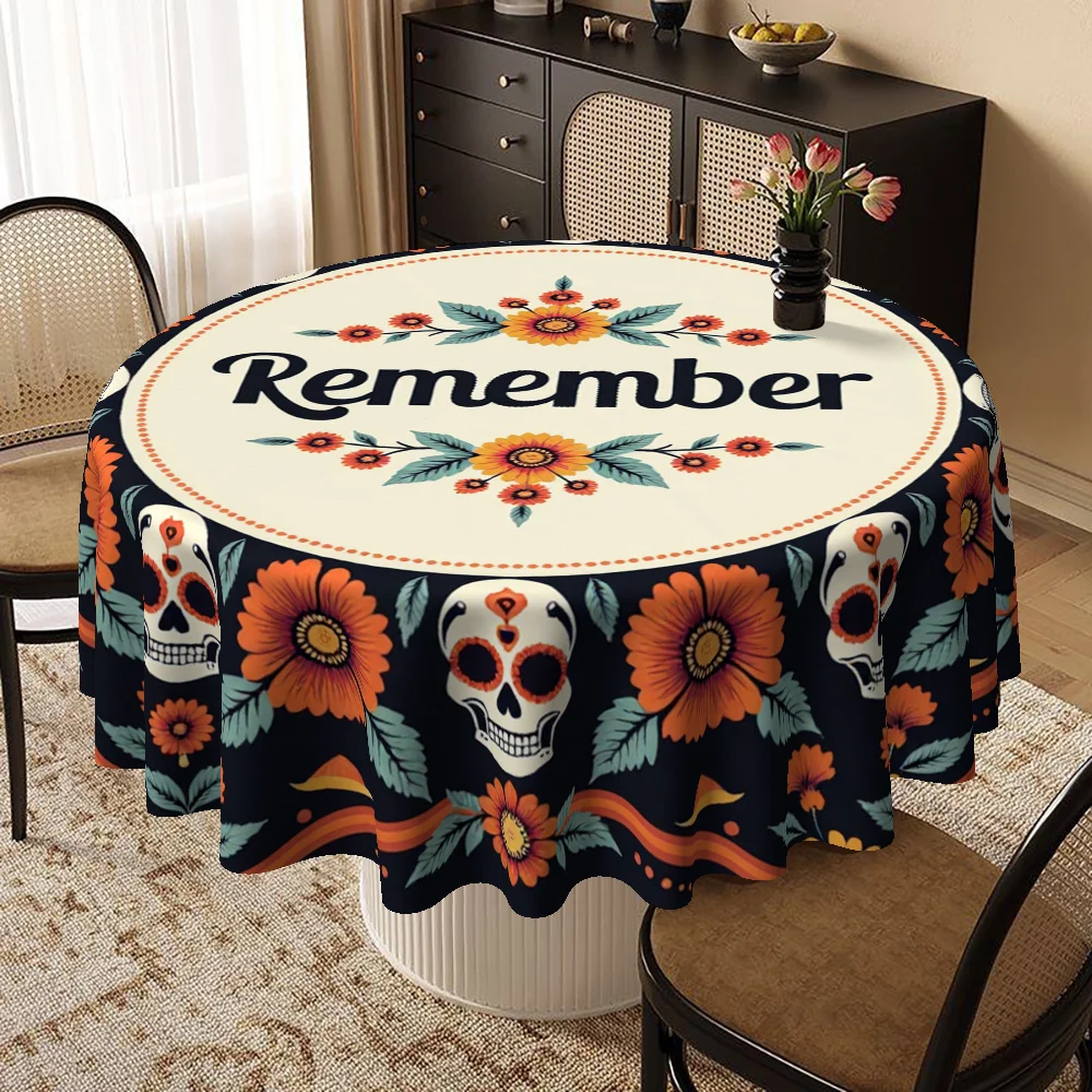 Mexican Bohemian-style round tablecloth, featuring sugar skulls and marigold flowers, of Mexican folk originzyc