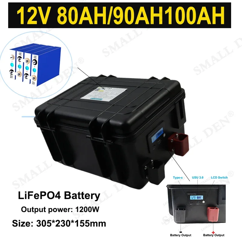 12V 80Ah/90Ah/100Ah LiFePO4 Battery 4S1P 12.8V 100A BMS Supports Series and Parallel Use with LCD Display Solar RV Battery