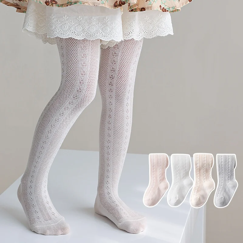 Sommerliche dünne Babystrumpfhose für Mädchen, weiche, atmungsaktive Baumwoll-Netzstrumpfhose, einfarbige, schlichte Mädchen-Leggings, 0-12 Jahre