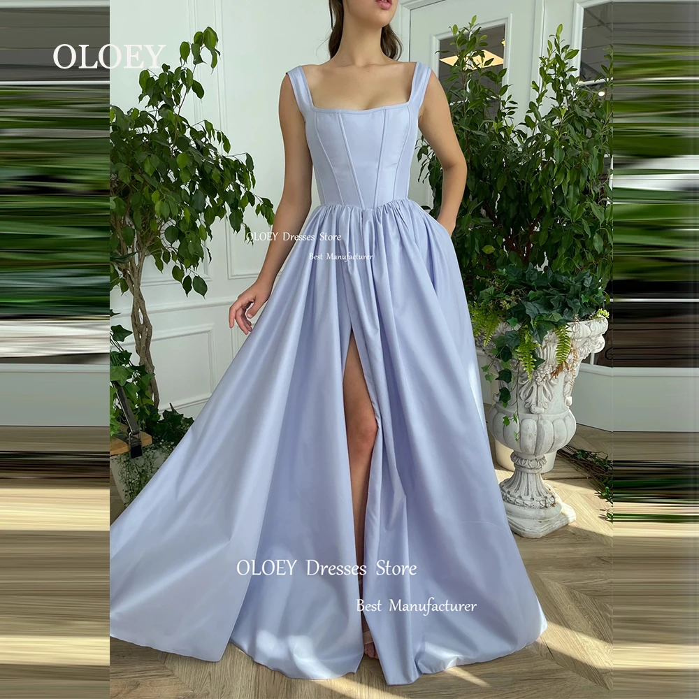 

OLOEY Simple Custom Made Sleeveless A Line Satin Evening Dress High Slit Wedding Party Light Purple Prom Dress Corset Floor