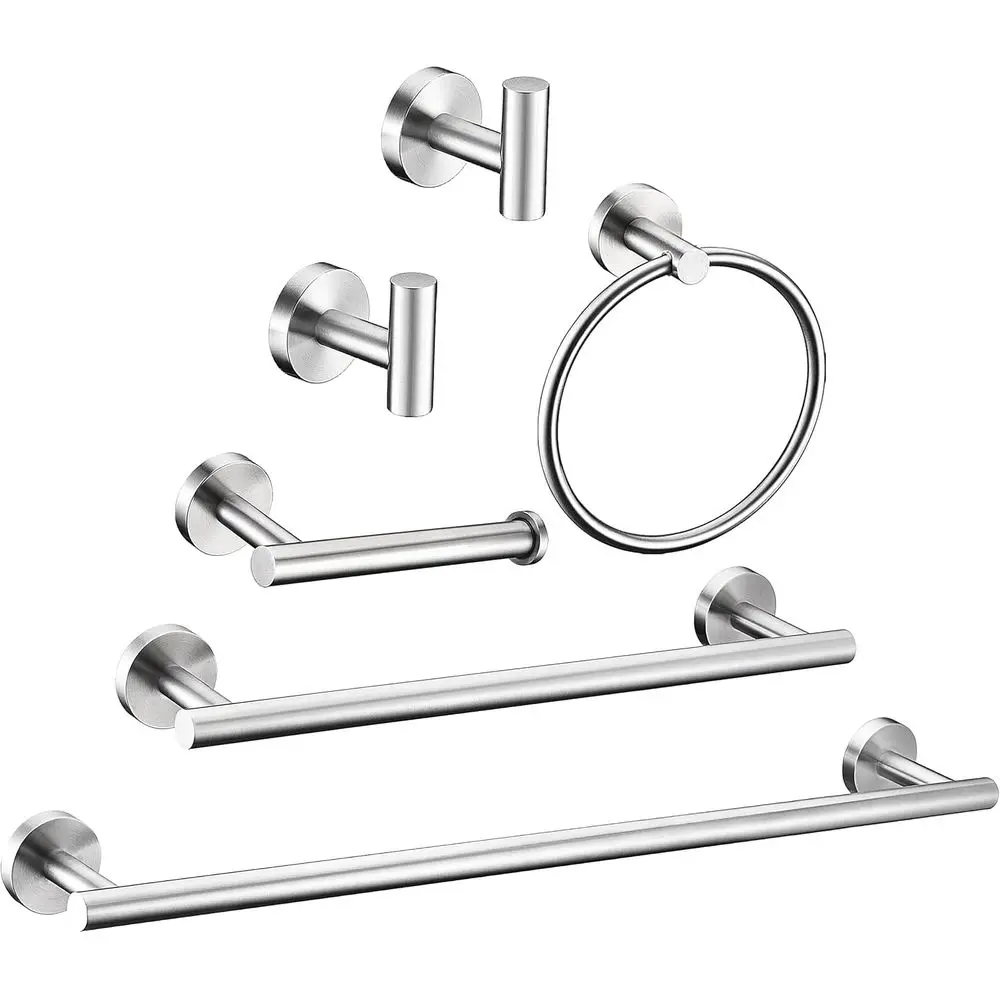 

6 Pieces Brushed Nickel Bathroom Hardware Accories Set Hand Towel Ring 16&23.6 inch Round Towel Bar Silver Toilet Paper Holder T