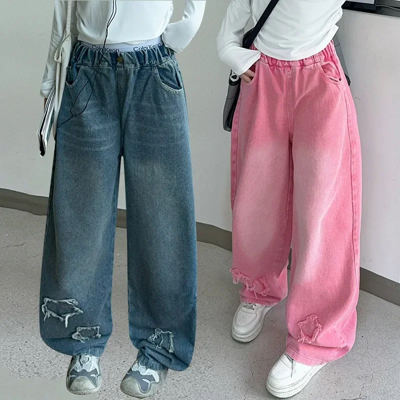 

Весна 2025 года, стильные широкие джинсовые прямые брюки для подростков, детские розовые рваные школьные детские брюки Biue, джинсы для девочек