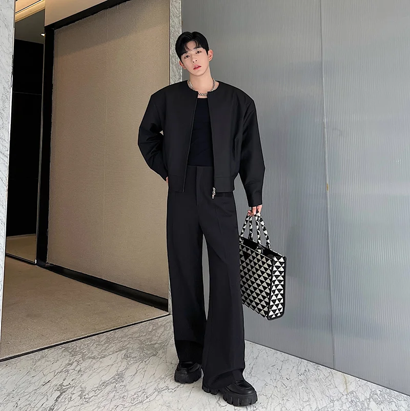 짧은 유니섹스 지퍼 재킷 한국 스타일 가을 디자인 더블 헤드 지퍼 칼라 없음 남성용 심플하고 세련된 아우터웨어