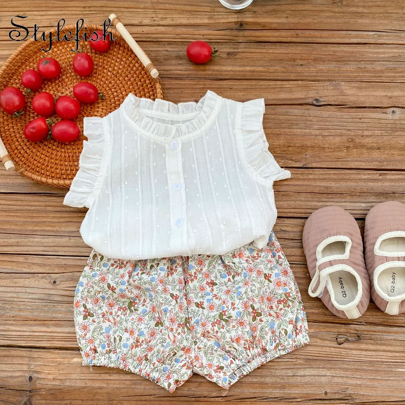 INS summer ins infant small fresh fly sleeve open button top + small broken flower shorts 2-piece set for female suit