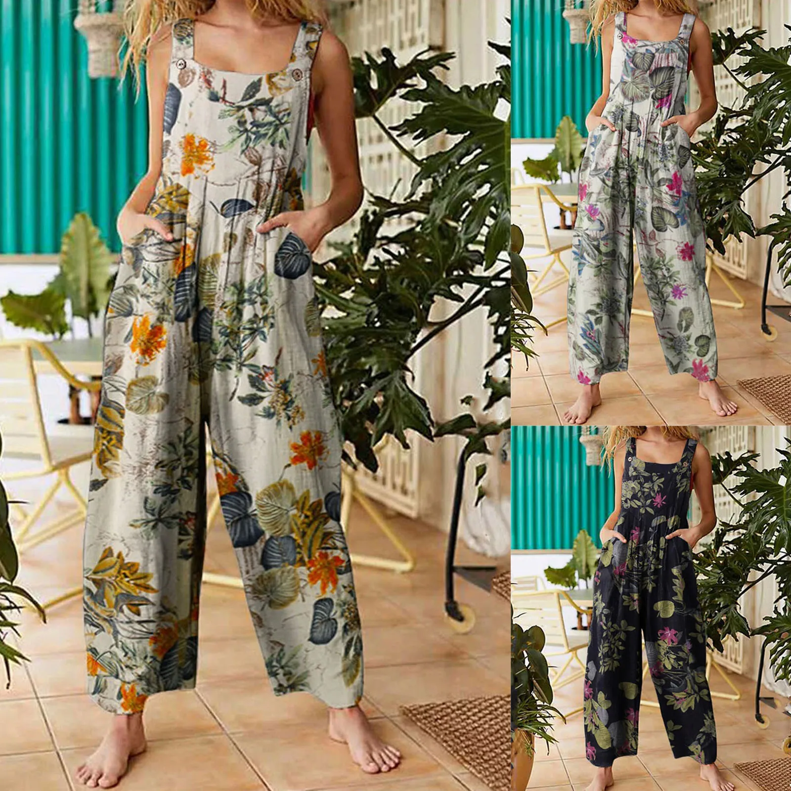 

Women Jumpsuit Vintage Leaf Floral Print Square Neck Sleeveless Rompers Overalls with Pockets Harajuku Streetwear