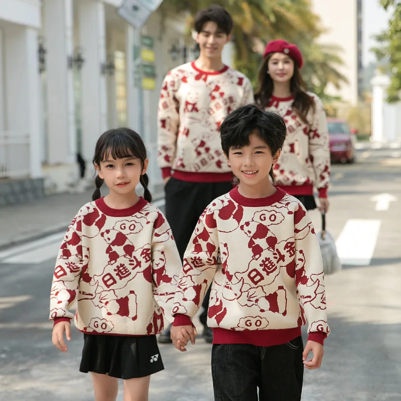 Lunar Chinese New Year Clothes for Family 2024 Knitted Sweater Father Mother Son Daughter Matching Knit Jumper Children Clothes