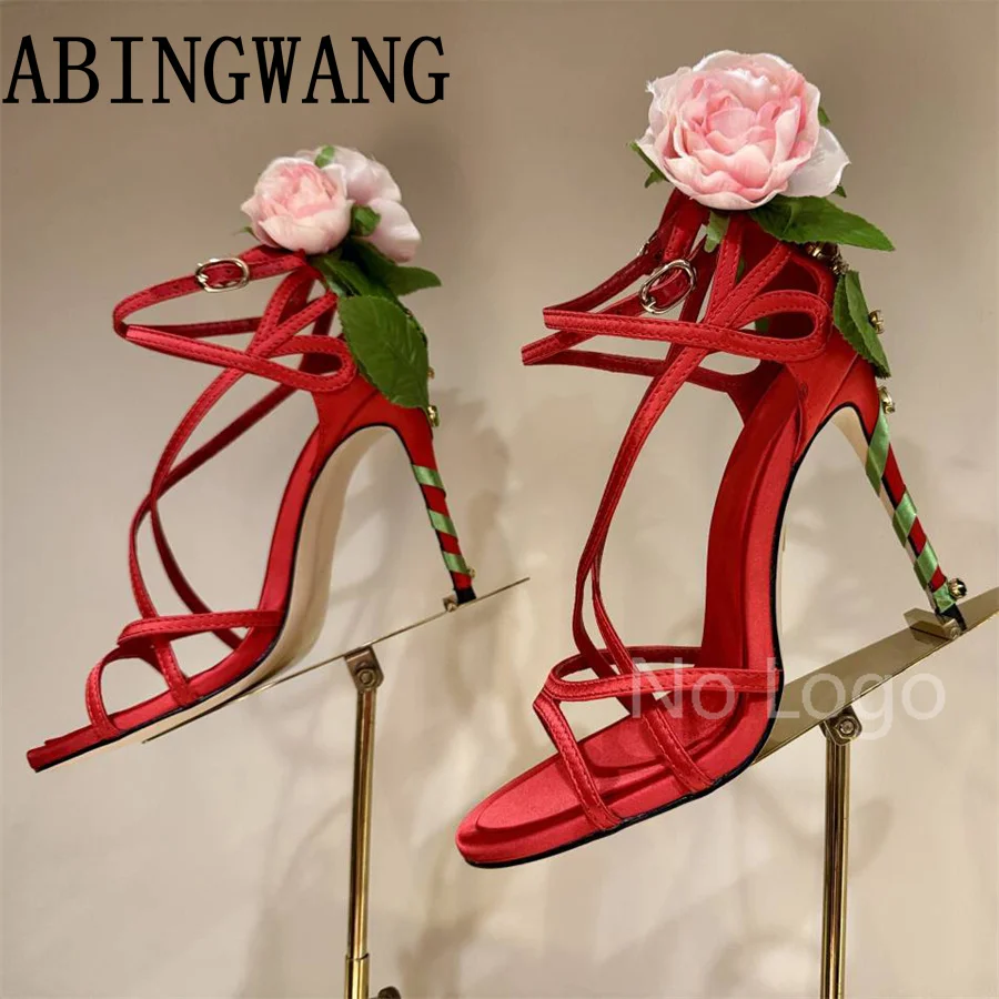 Summer New Satin Crystal High Heel Sandals Open Toe Flower Buckle Strap Shoes Sexy Ladies Wedding Sandals For Women Mujer