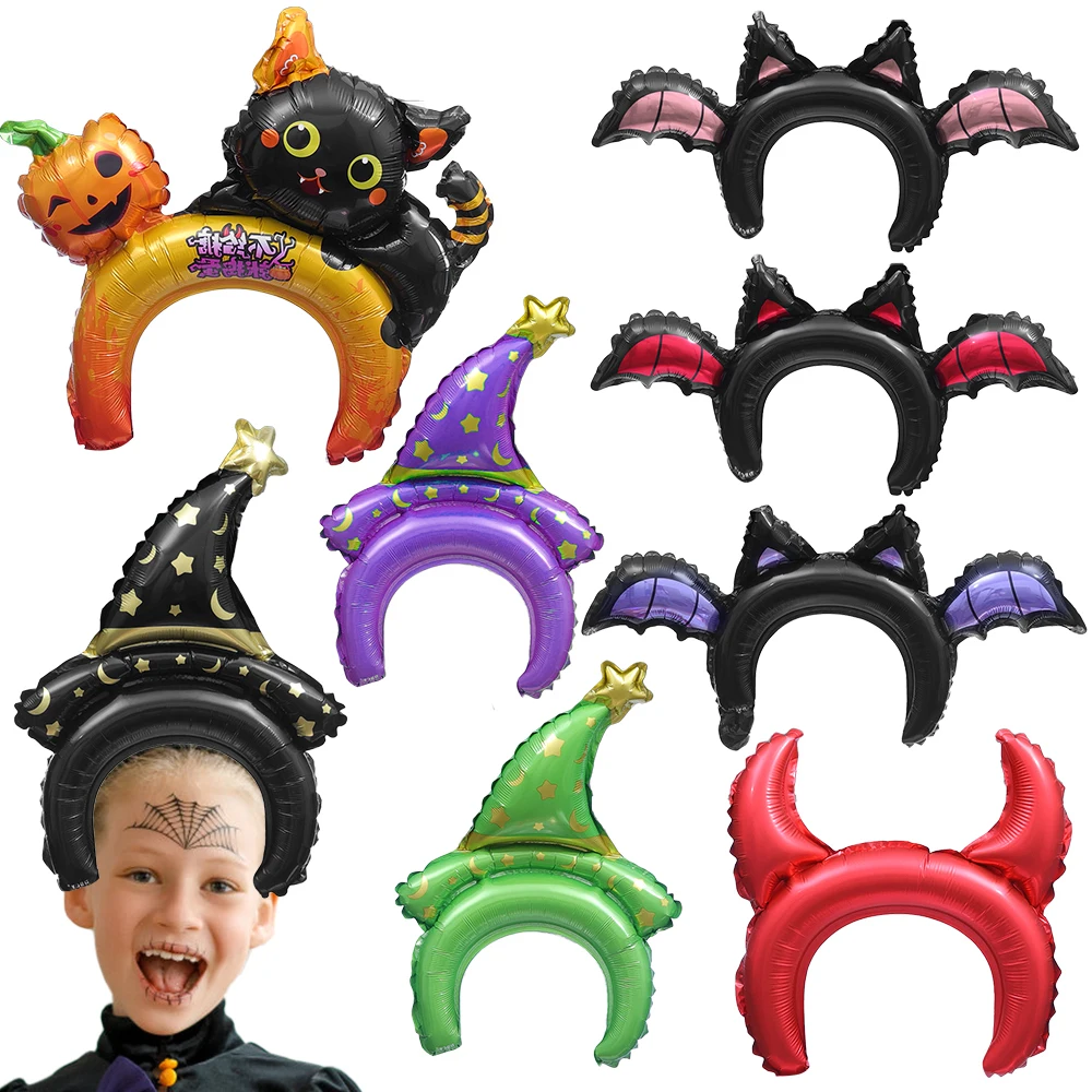 Halloween Kindergarten Hairband Headdress Inflatable Cartoon Bat Balloon Hairband Children's Birthday Headdress Costume Toys