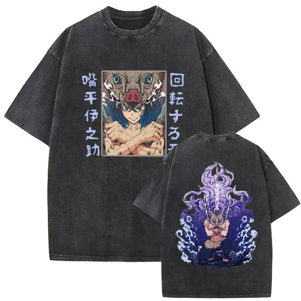 Washed Vintage Anime Demon Slayer Graphic T-shirt Men Women Casual Cotton Oversized T-shirts Men's Cartoon Manga Merch T Shirts