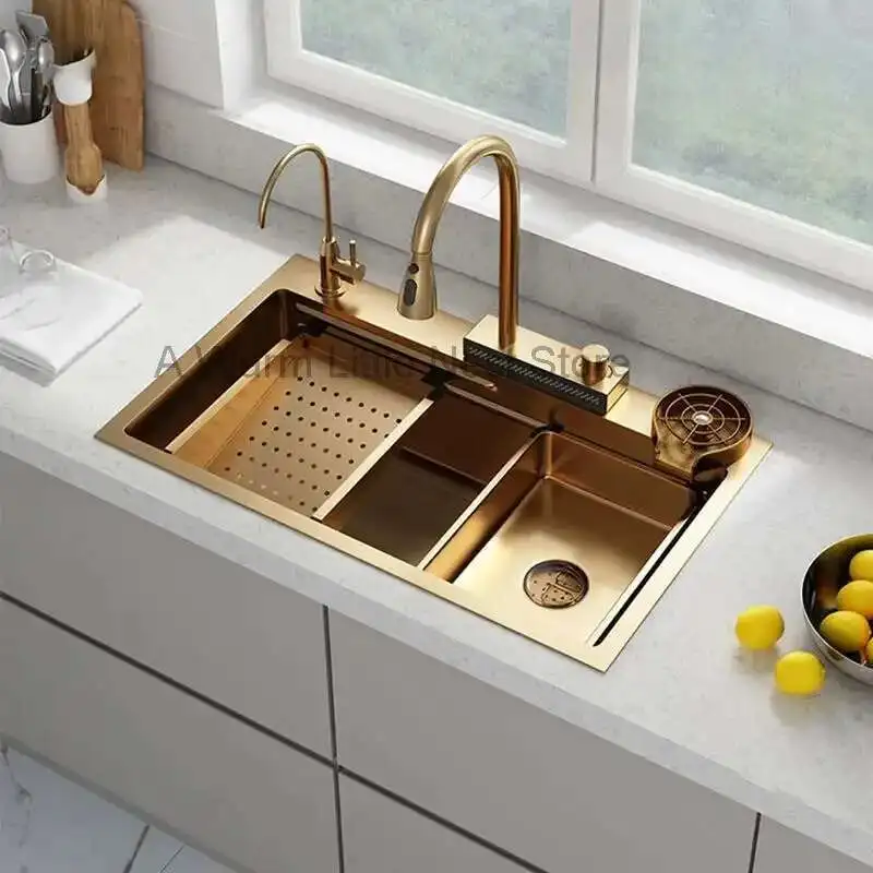 

Personalized Beige Gold Sinks for Hotel Modern Thickened Metal Smart Kitchen Sink Minimalist Kitchen Sinks with Basket for Home