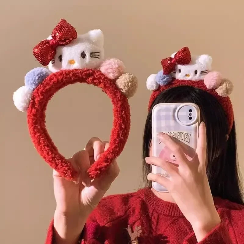 

Cute red Hello Kitty face wash hairband women's hairpin plush headband hair accessories autumn and winter Christmas holiday gift