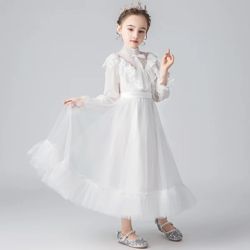 어린이 드레스 어린 소녀 꽃 공주 흰색 푹신한 원사 긴 소매 작은 호스트 성능 의류 가을, 겨울