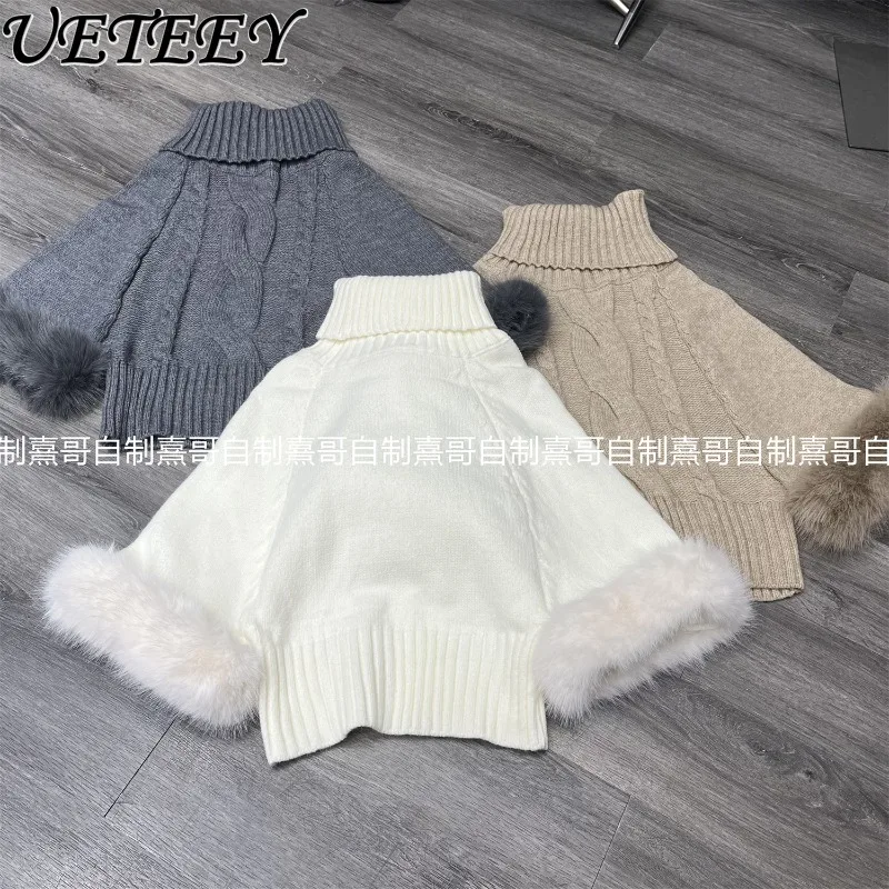 

Korean Style Elegant High Neck Furry Sleeve Sweater for Women Autumn Winter New Loose Slimming Versatile Knitted Pullover