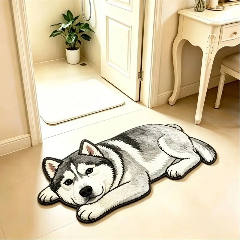 VIKAMA Simulation Lying Husky Shaped Long Plush Rug - Cute Cartoon Non-Slip Absorbent Floor Mat for Bedroo Bathroom Living Room