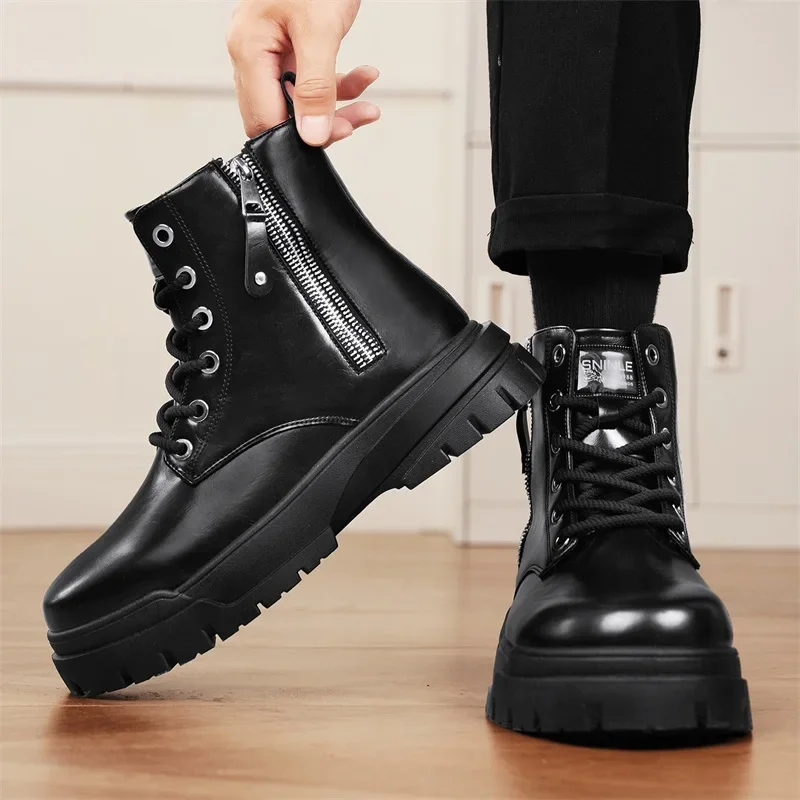 

Men's High-top Boots Fashion Casual Leather Boots Zapatillas Hombre Men's Sneakers Lace Up Ankle Boots Motorcycle Platform Boot