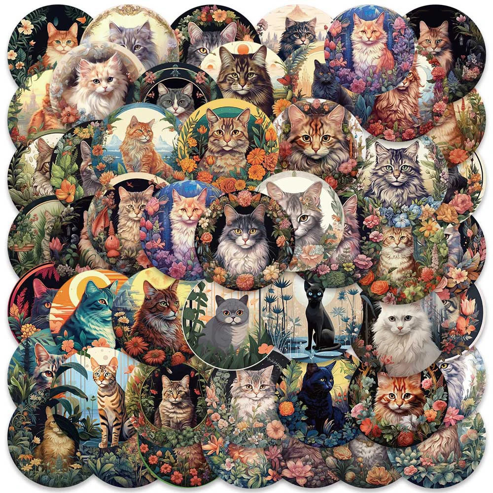 10/30/50pcs Cartoon Cool Mainecoon Stickers Art Flowers Cat Sticker Laptop Suitcase Scrapbooking Guitar Kawaii Animal Decal Toys