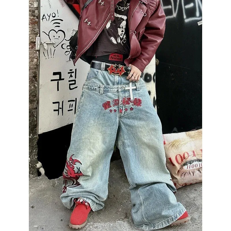 American Style Heavy Embroidery Totem Men's Jeans Spring Vintage Double Waist Design Sensation Floor-Length Wide Leg Trendy B...