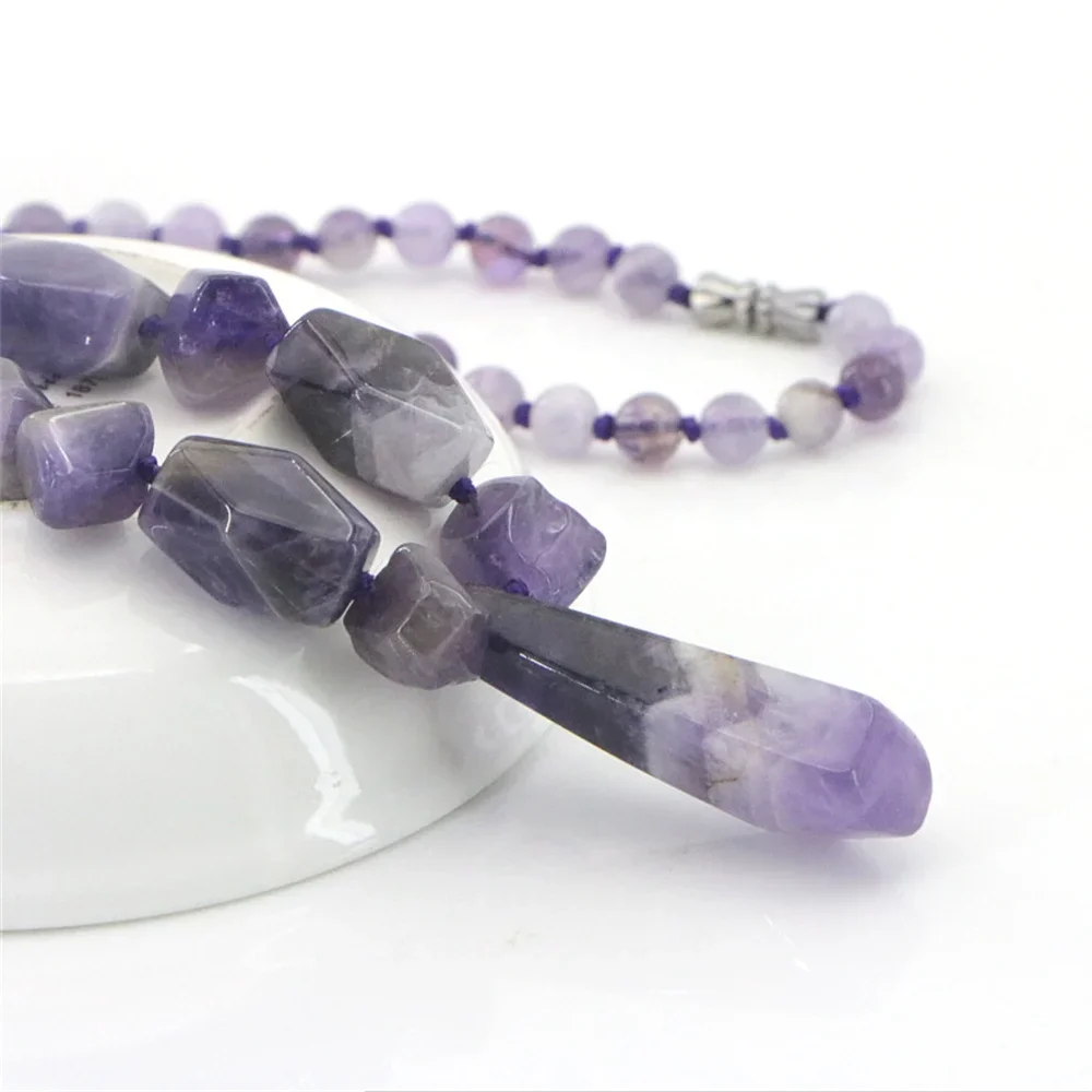 Natural Stong Amethyst Pendant Necklace for Women Gift Handmade Textile Perfect Temperament Jewelry Gathering and Leisure 48cm