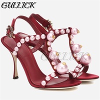 Cherry Red Pearl Heeled Sandals T-Strap Gladiator Heels Square Heel Women Luxury Designer Shoes Summer Vacation Bohemia Style