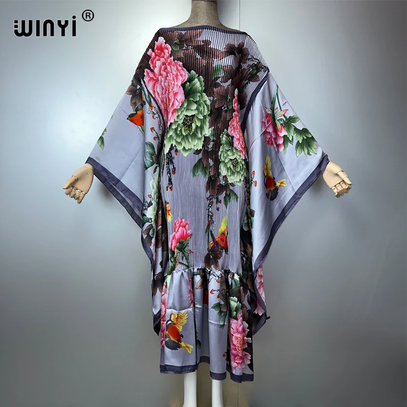WINYI estate Pieghettato Elastico vestito allentato vacanza spiaggia copricostume maxi caftano abaya dubai abiti da festa di lusso boho donna Caftano