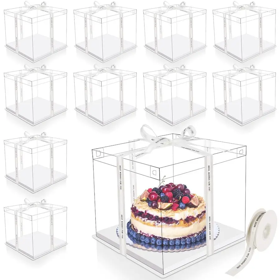 

10 шт. прозрачные высокие коробки для торта 12x12x10 большая прозрачная коробка для торта с лентой для переноски торта ПЭТ контейнер для хранения свадебного торта