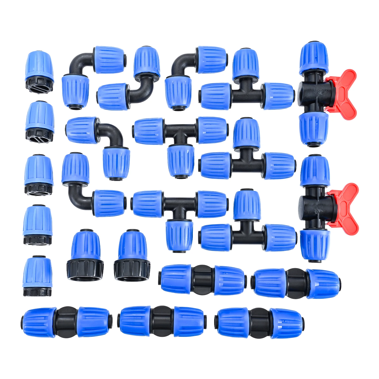 

24PCS Drip Irrigation Fittings Kit Blue Lock Barbed Connectors For 1/2 Inch 16MM Tubing with Switch Valves,Adapter,Couplings