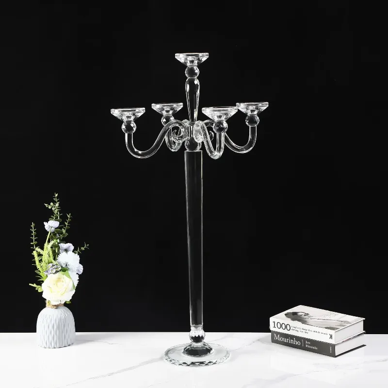 Custom 5 Arm K9 Crystal Heat-Resistant Candelabra Brushed Finish Candle Holder Glass Chimney Luxury Wedding Christmas Table