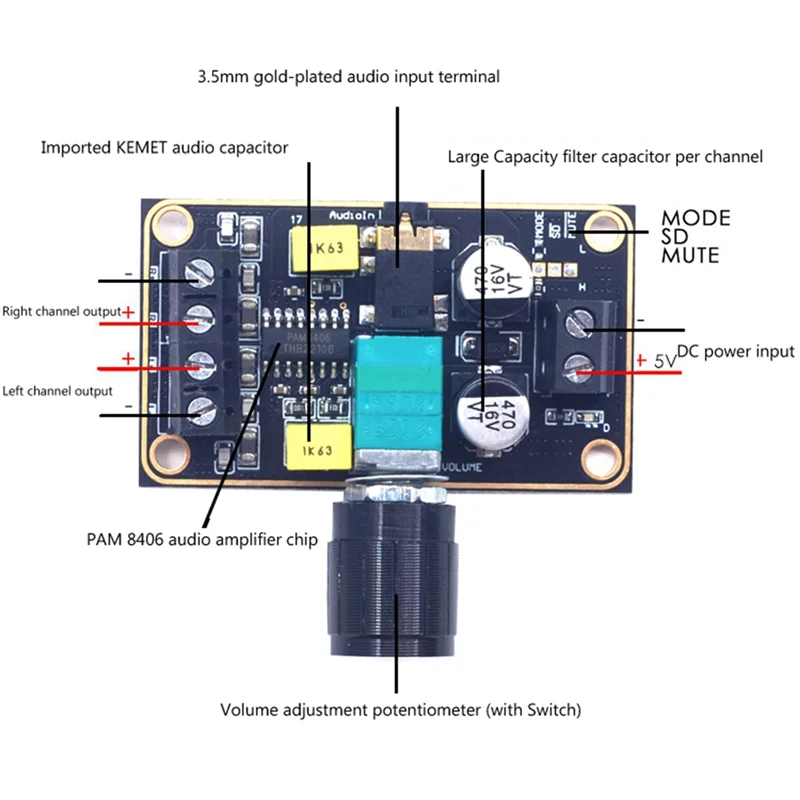 Papan Amplifier Audio Digital PAM8406, papan penguat daya Audio modul Amplifier DIY kelas 5V D Stereo 5W + 5W