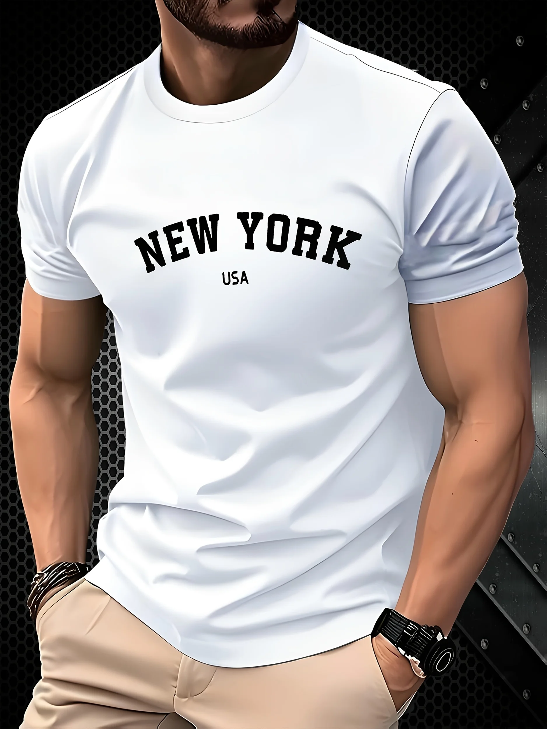 Men's Summer Fashion Short-Sleeve T-Shirt Casual Relaxed Fit Letter Print Crew Neck Short-Sleeve T-Shirt Top