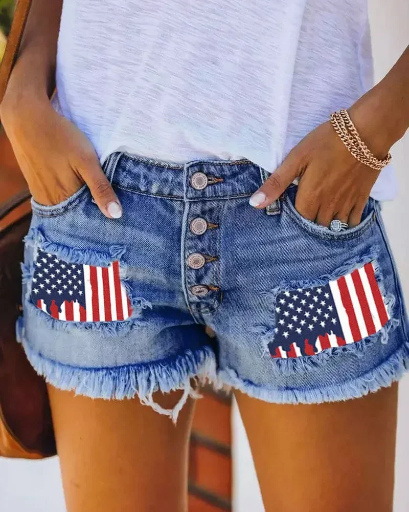 

Summer Denim Short Female Independence Day Flag Print Buttoned Fringe Denim Shorts