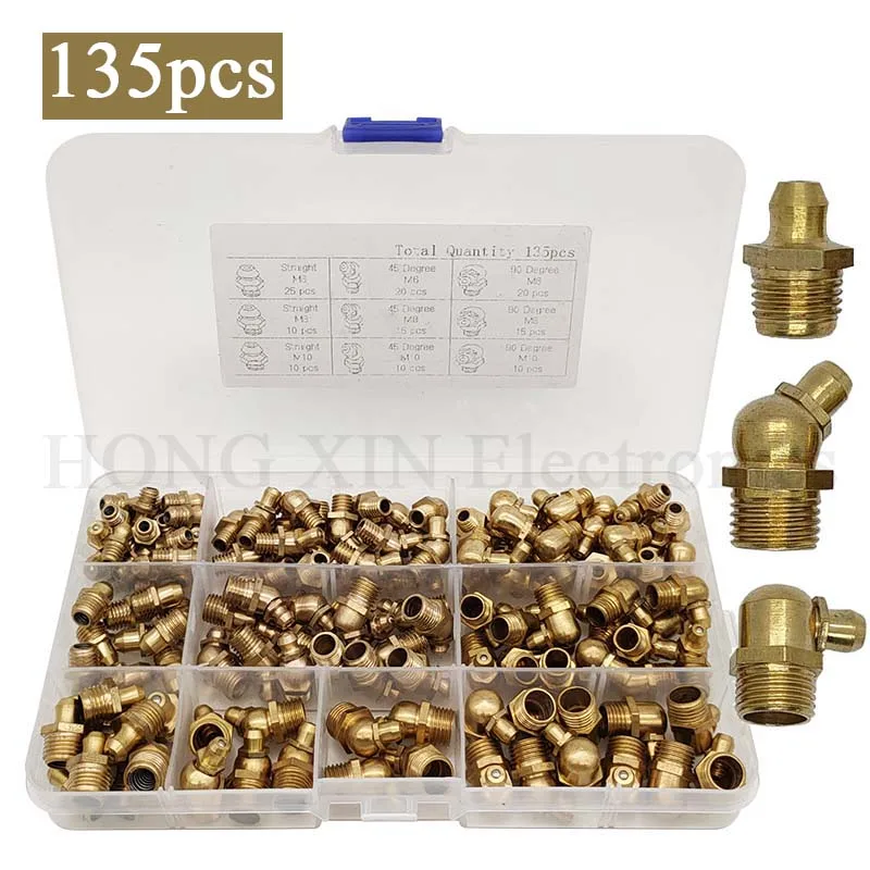 135Pcs Metric M6 M8 M10 Brass Hydraulic Grease Fitting Assortment Kit, Grease Nipple Fittings Straight 45-Degree 90-Degree Angle