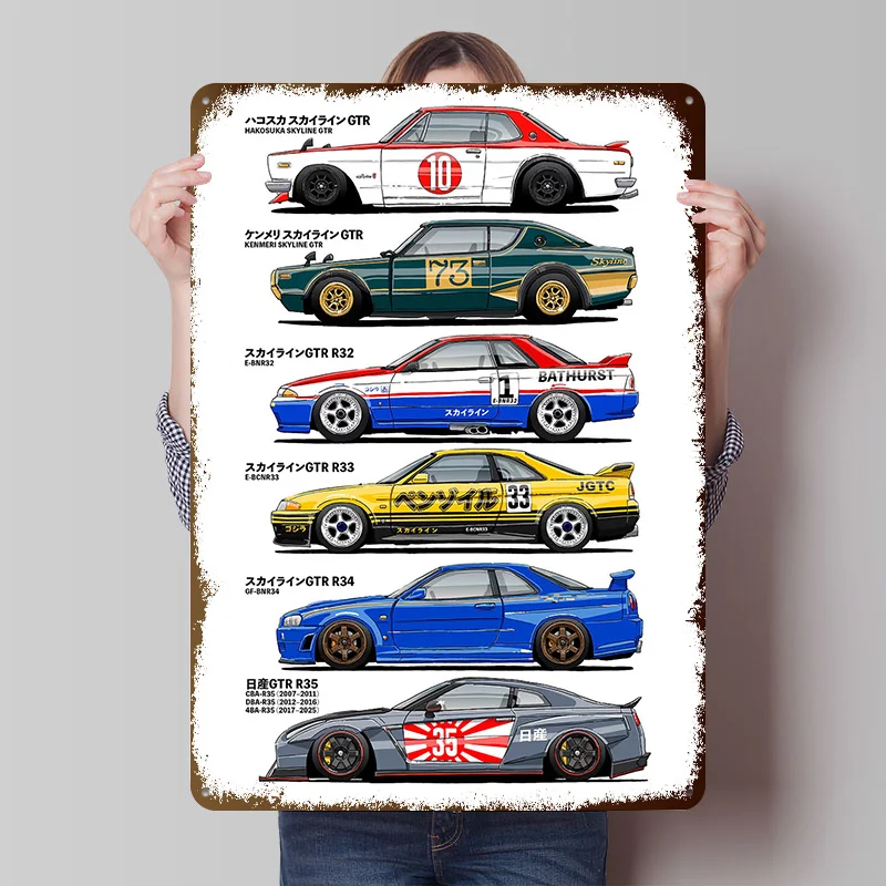 Sports Car Skyline GTR Evolution Poster Customized Wall Art Vintage Metal Signs Retro Tin Plaque for Man Cave Office Decoration